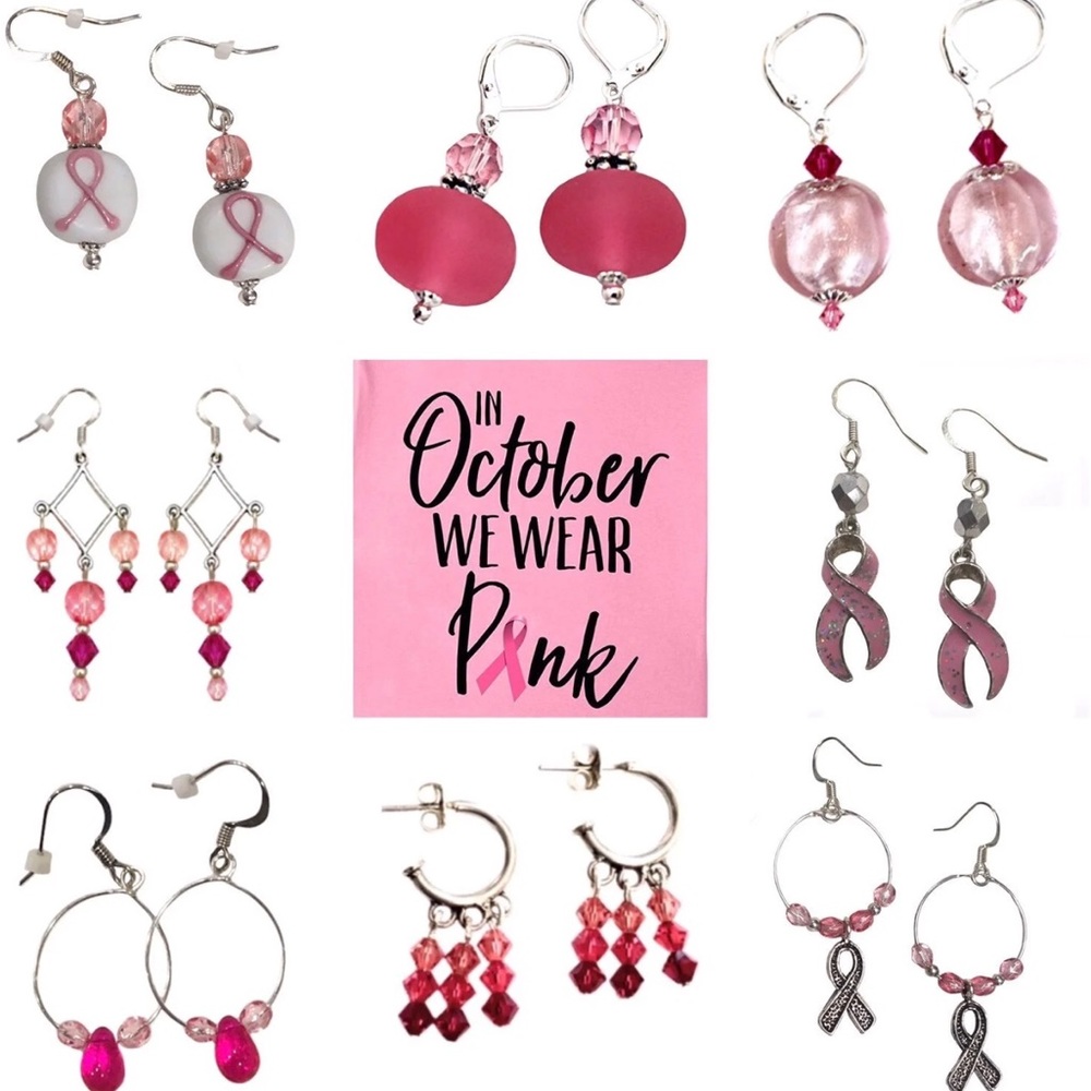 Handmade Lampwork Glass Breast Cancer Awareness Earrings, EB Designs, 1 Pair NEW - Picture 2 of 10